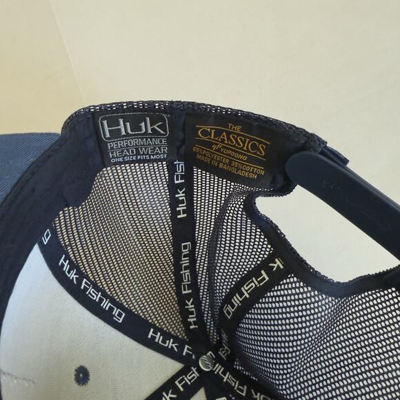 Huk Mens Fishing Hat Cap Snap Back Navy Blue Trucker Mesh American Flag Patch - Picture 5 of 5